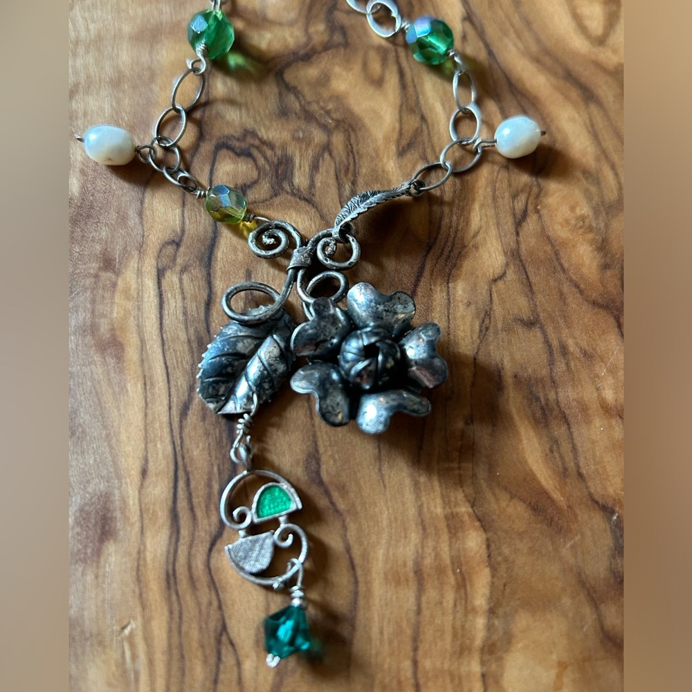 Vintage Sterling Floral Necklace W Pearls and Czech crystals.